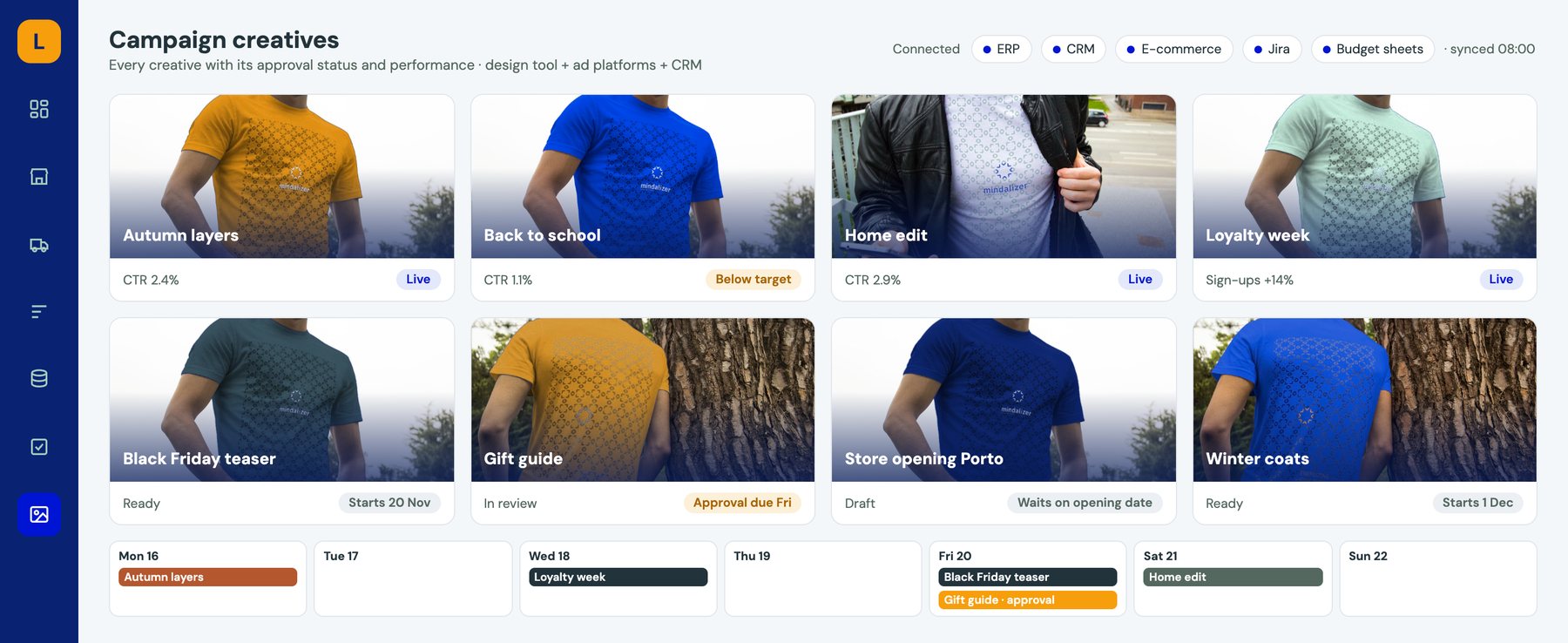 Power Dashboard mockup: gallery of campaign creatives with status, results and a calendar